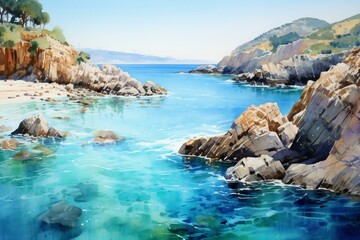 Fototapeta na wymiar Scenic watercolor artwork: beautiful rocky coast by the clear sea. Generative AI