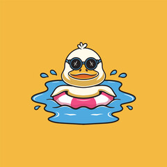 Cute duck vacation on a beach cartoon illustration