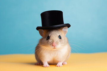 mouse wearing a small hat on a solid, light background
