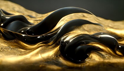 abstract liquid metal waves drip black gold reflex octane render  - obrazy, fototapety, plakaty