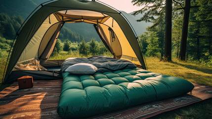 camping inflatable mattress with a pillow inside a tent - obrazy, fototapety, plakaty