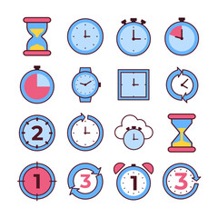 Set of New Year Time Countdown Icon Isolated Vector Illustration with hourglass, stopwatch, clock and cloud, Flat Style Element Objects