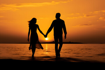 Silhouette of lovers walking hand in hand in the sunset sea.