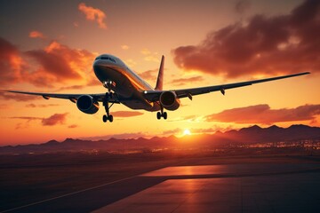 Fototapeta na wymiar A plane departing during sunset. Generative AI