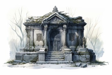 Illustration of a deserted mausoleum tomb in a lost graveyard, depicted intricately against a white backdrop. Generative AI