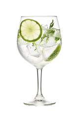 Gin tonic with sliced lime in glass on a white background PNG - obrazy, fototapety, plakaty