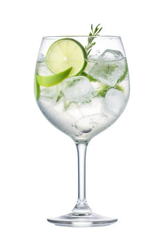 Gin tonic with sliced lime in glass on a white background PNG