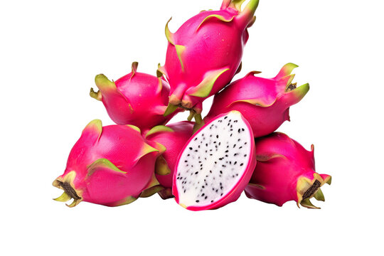 photo of a bunch of dragon fruits, cut in half, hyperrealistic, on a white background isolated PNG