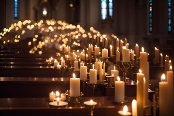 Beautiful photo of candles in a church lit for the feeling. candle light glowing on table, praying, religion concept.