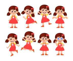 Set of Little Girl Kid Pose Children with Various Different Activity Isolated Element Objects. Kid Crying, Dancing, Sad, Glasses, Angry Kid, Thinking and Bully Kid. Flat Style Icon Vector Illustration
