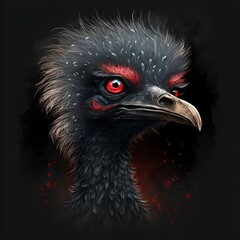 evile gothic ostrich with red eyes rocks 