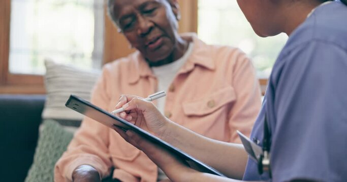 Woman, doctor and hands writing in elderly care for prescription, diagnosis or schedule plan on sofa at home. Closeup of female person, nurse or medical caregiver taking notes with senior patient
