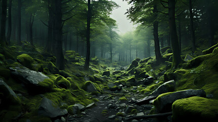 green forest full of trees, stones and moss - obrazy, fototapety, plakaty