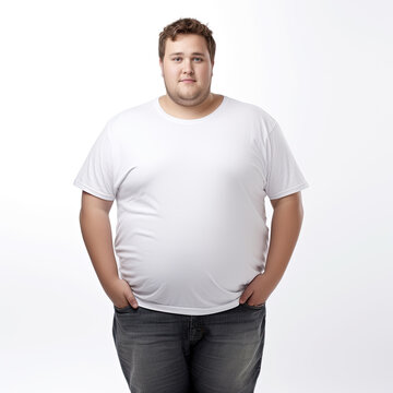 Happy fat man in white t-shirt and with beard stands on white background, looks into camera and smiles. Cheerful big body positive guy