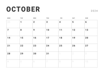 Monthly page Calendar Planner Templates of October 2024. Vector layout of simple calendar with week start Monday for print. Page for size A4 or 21x29.7 cm