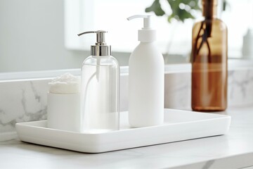 Fototapeta na wymiar The essential skincare items: bottle, lotion, and soap on a white countertop. Generative AI