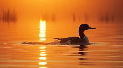 Common loon at sunrise in Maine