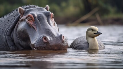 Hippopotamus (Hippopotamus amphibius) and Grey Heron (Ardea cinerea)