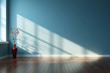 Blue empty wall and wooden floor with interesting with shadow from the window. Interior background for the presentation.