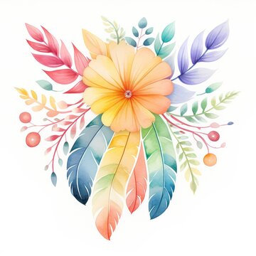 Colorful watercolor feather in boho style. Illustration, rainbow art, clipart for design