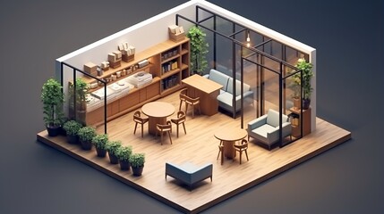 Isometric view minimal cafe store open inside interior architecture, 3d.
