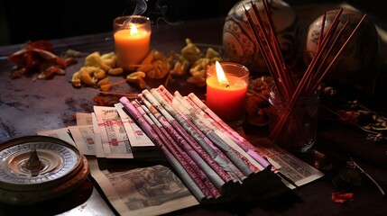 Naklejka na ściany i meble Joss money papers, incense sticks and candles for Chinese hungyr ghost festival and tomb sweeping days.