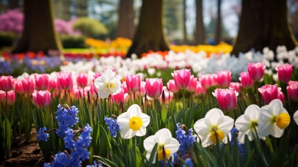 Many blue, yellow, white, pink colorful flowers (tulip, daffodil, hyacinths) in a beautiful flower bed in the park