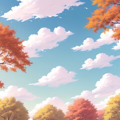 Fototapeta na wymiar Pastel Autumn Trees and Sky cloud Hand Drawn Painting Illustration,