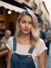 blond girl standing at an alley full of rstaurant