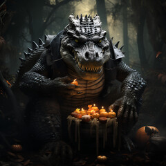 the crocodile monster, at hellowin time, will pounce on its prey, fiercely, carrying a white pumpkin candle, looks scary