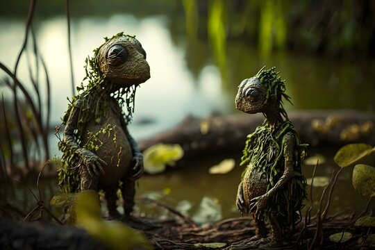 Two artists are creating intricate sculptures and paintings in the swamp using natural materials like moss vines and mud sunny day soft shadows low contrast vibrant colours beautiful detailed bokeh 