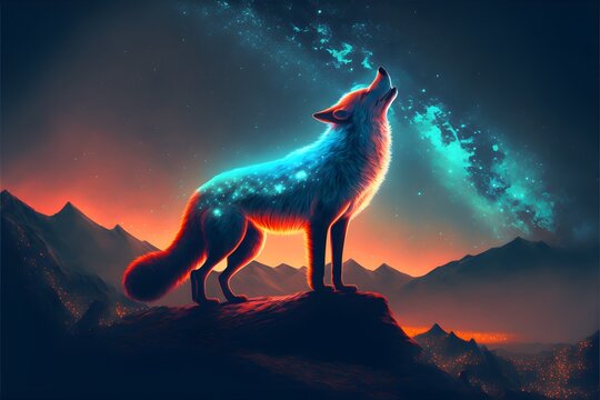 a gigantic fox with many tails made of the night sky and aurora borealis atop a mountain top at night Its eyes are large and shine bright the tails fade into the sky 1980s dark fantasy big and 