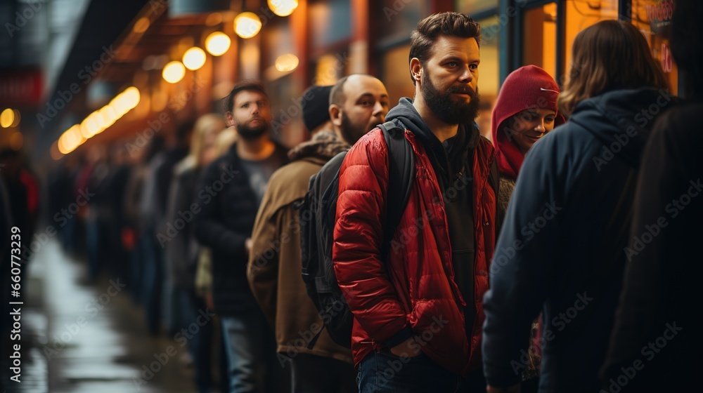 Canvas Prints Different People queue up waiting for stores to open for shopping. Sale and discounts, black fruday best deals