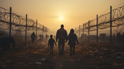 Migrants father and child walk holding hands along a fence with barbed wire barrier