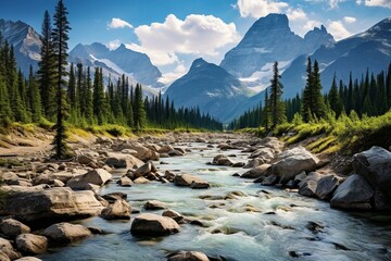 A river and rocky mountains in a valley. Generative AI