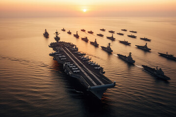 aerial view of US aircraft carrier formation on the sea - obrazy, fototapety, plakaty