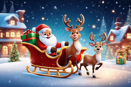 Santa Claus and reindeer with christmas gifts. cartoon style