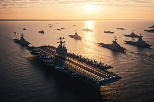 aerial view of US aircraft carrier formation on the sea