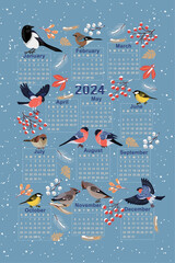 Calendar for 2024. Rectangular composition with wintering birds on a background of leaves, berries, snow. Bullfinches, chickadee, jays, magpies, sparrows, waxwings.
