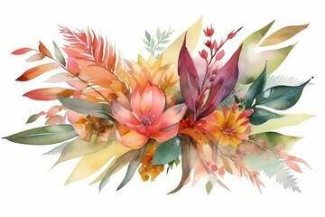 Illustration of a colorful watercolor bouquet with dried leaves and tropical flowers. Generative AI