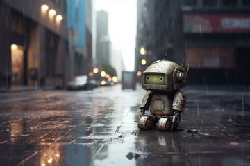 lonely android left on city pavement: a sorrowful scene amid urban scenery. Generative AI