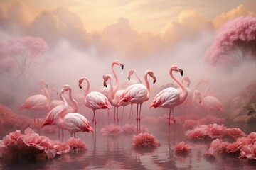 A peaceful scene featuring a group of flamingos adorned in soft pink feathers. Generative AI