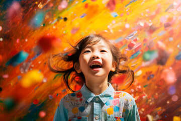 Portrait of a beautiful Asian child on a colored background. A happy child, a joyful and bright childhood.