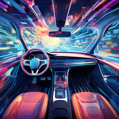 A thrilling image captured from the interior of a futuristic autonomous car as it speeds through city streets, highlighting the exhilarating journey of cutting-edge mobility