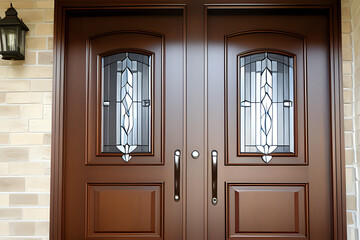 Front door, double brown front door with secure front door. Old wooden door