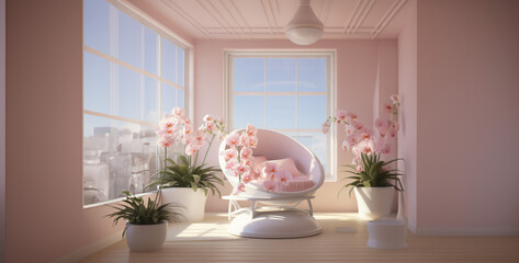design of room with flowers,  realistic photo orchid flower pots white and light pink colour flower