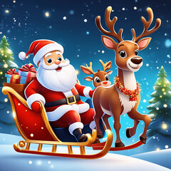Santa Claus and reindeer with christmas gifts. cartoon style