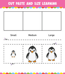 Learning sizes Cut and Paste easy activity worksheet game for children with Cute Animal