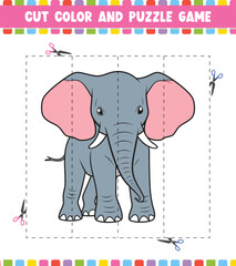 Cut color education worksheet game for kids color activity puzzle for children with Cute Animal
