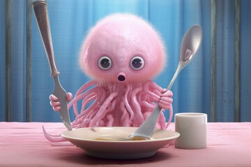 adorable pink creature eagerly clutching oversized utensils against a see-through backdrop. Generative AI